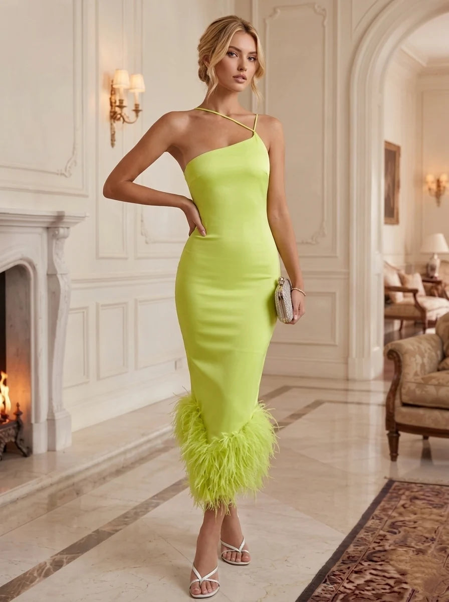 Sheath/Column Asymmetrical Neck Satin Formal Dresses With Feathers Sleeveless Ankle-Length Evening Dresses