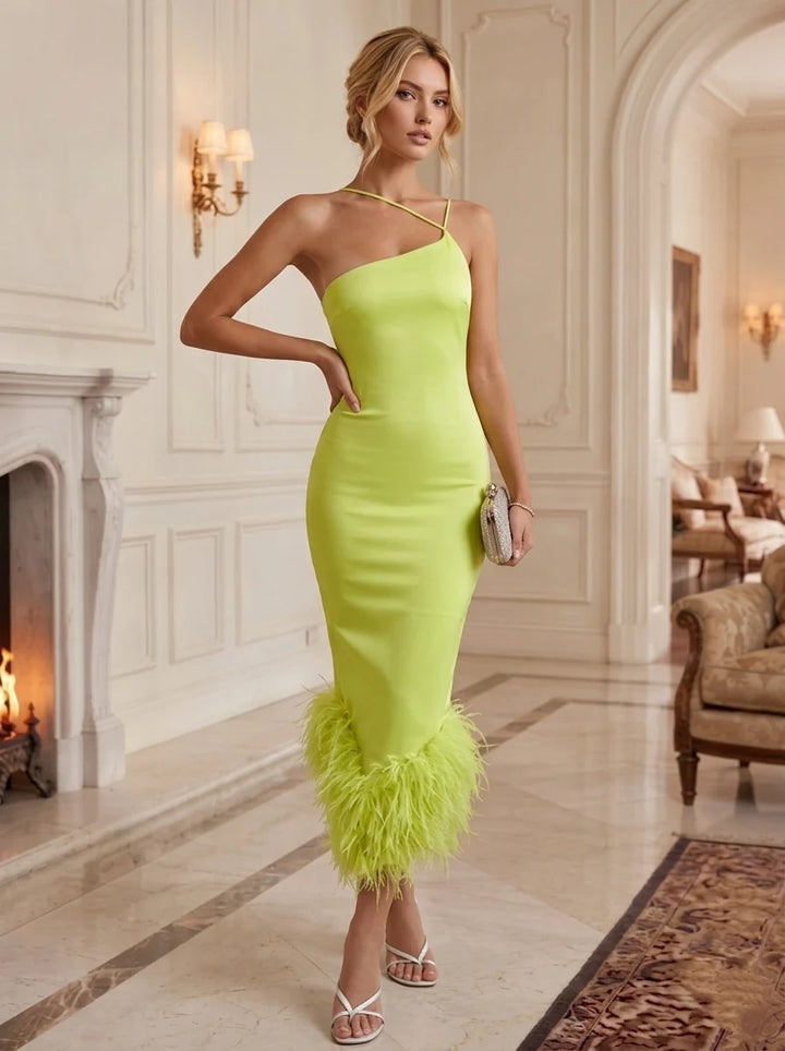 Sheath/Column Asymmetrical Neck Satin Formal Dresses With Feathers Sleeveless Ankle-Length Evening Dresses