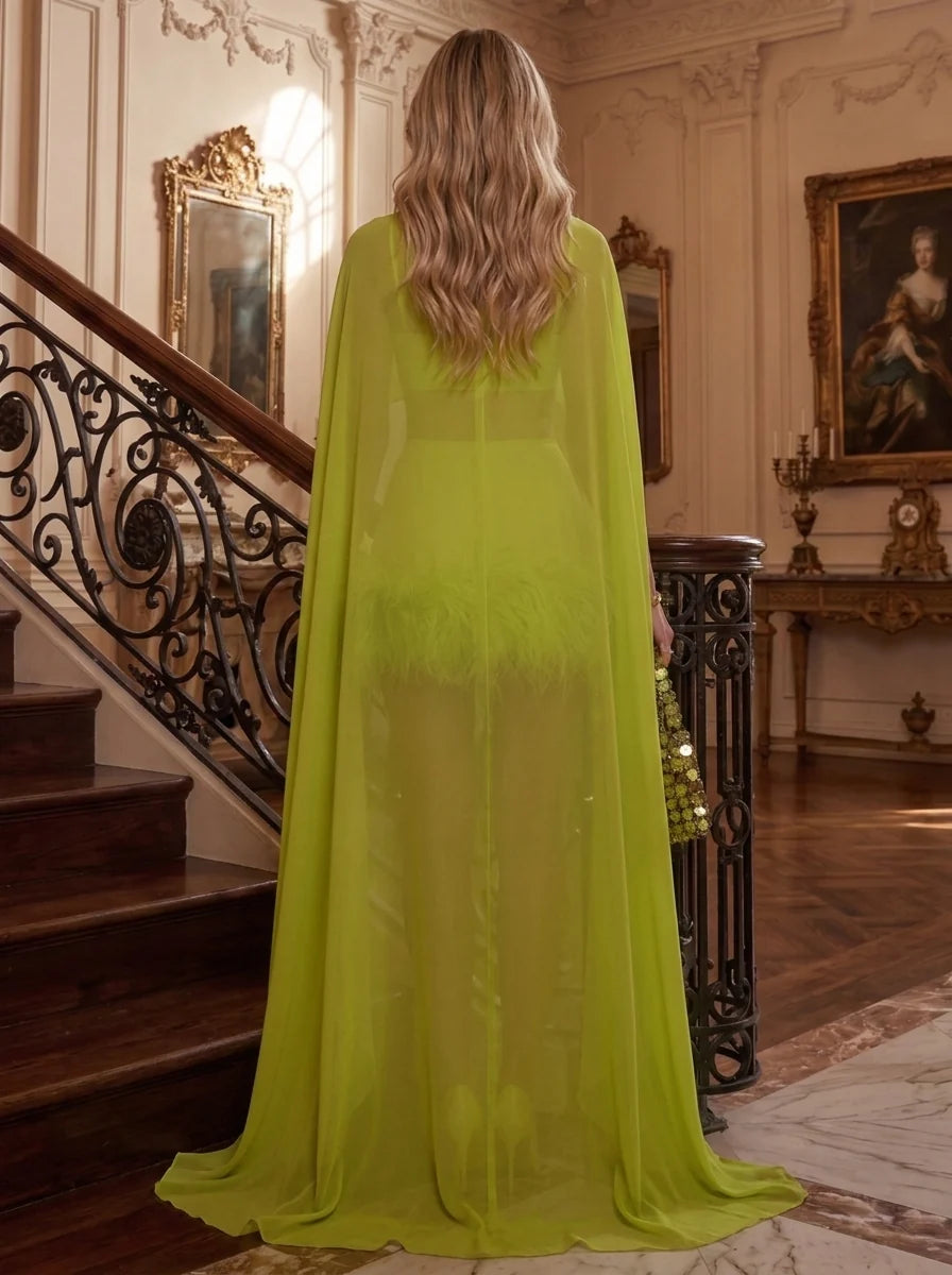 3 Pieces Sheath/Column Mock Neck Chiffon Formal Dresses with Feathers Cape Sleeves Short/Mini Evening Dresses
