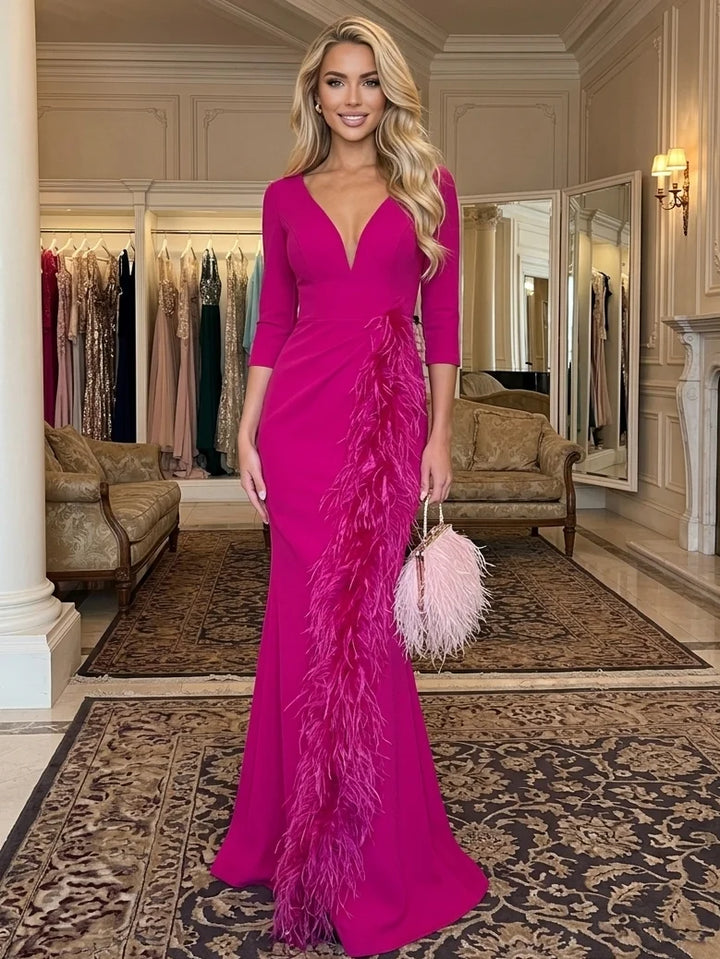 Sheath/Column V-Neck Stretch Satin Formal Dresses With Feathers 3/4 Sleeves Floor-Length Evening Dresses