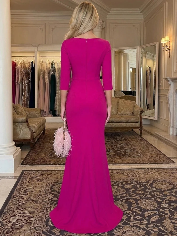 Sheath/Column V-Neck Stretch Satin Formal Dresses With Feathers 3/4 Sleeves Floor-Length Evening Dresses