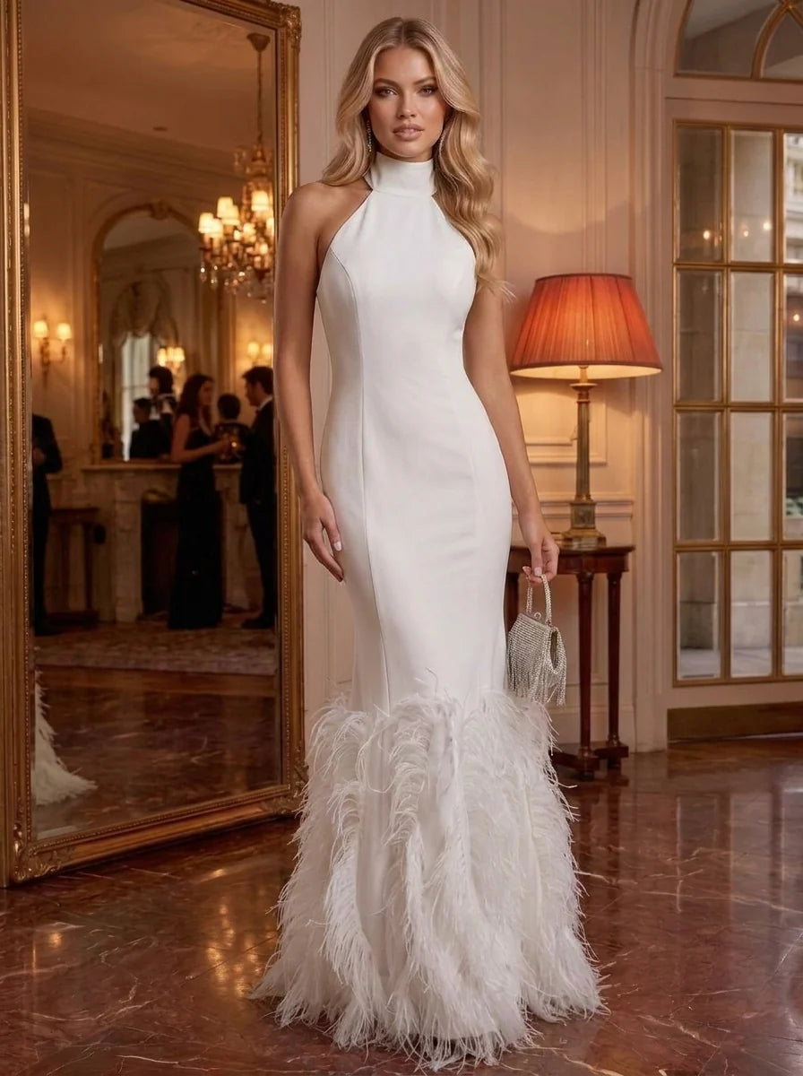 Sheath/Column Mock Neck Stretch Satin Formal Dresses With Feathers Sleeveless Floor-Length Evening Dresses