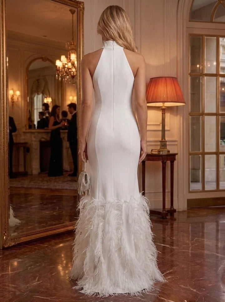Sheath/Column Mock Neck Stretch Satin Formal Dresses With Feathers Sleeveless Floor-Length Evening Dresses