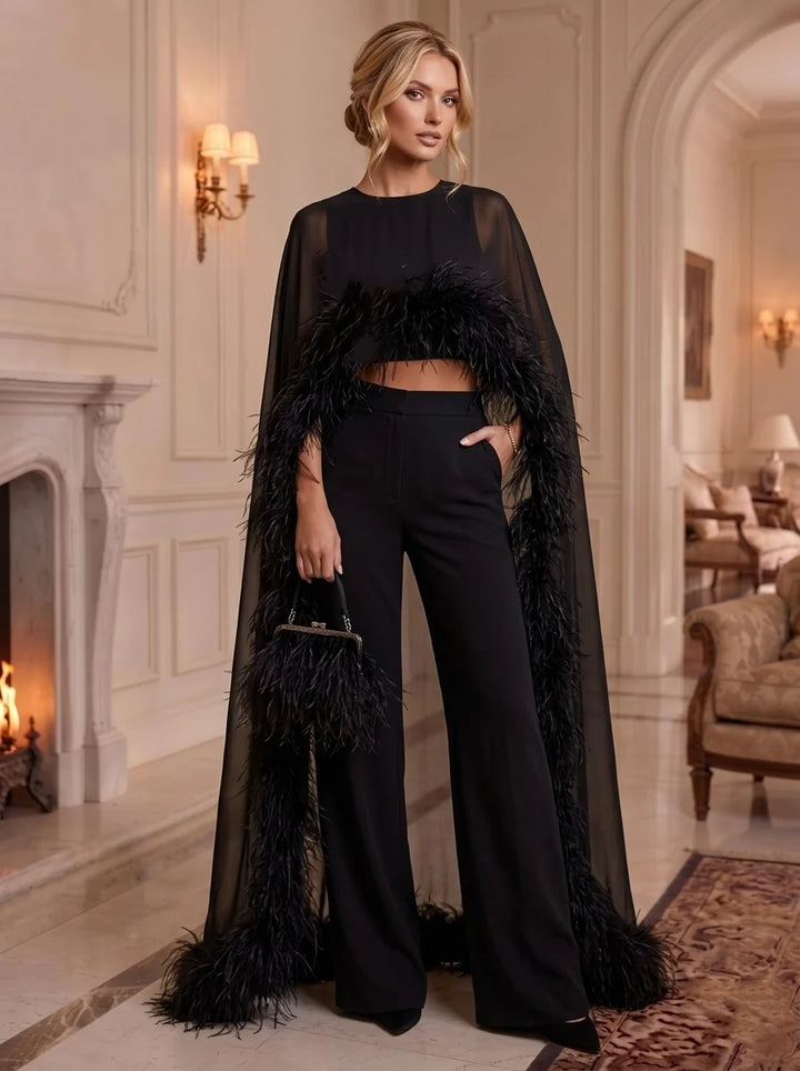3 Pieces Boat Neck Chiffon Formal Pantsuits with Feathers Cape Sleeves Floor-Length Evening Dresses
