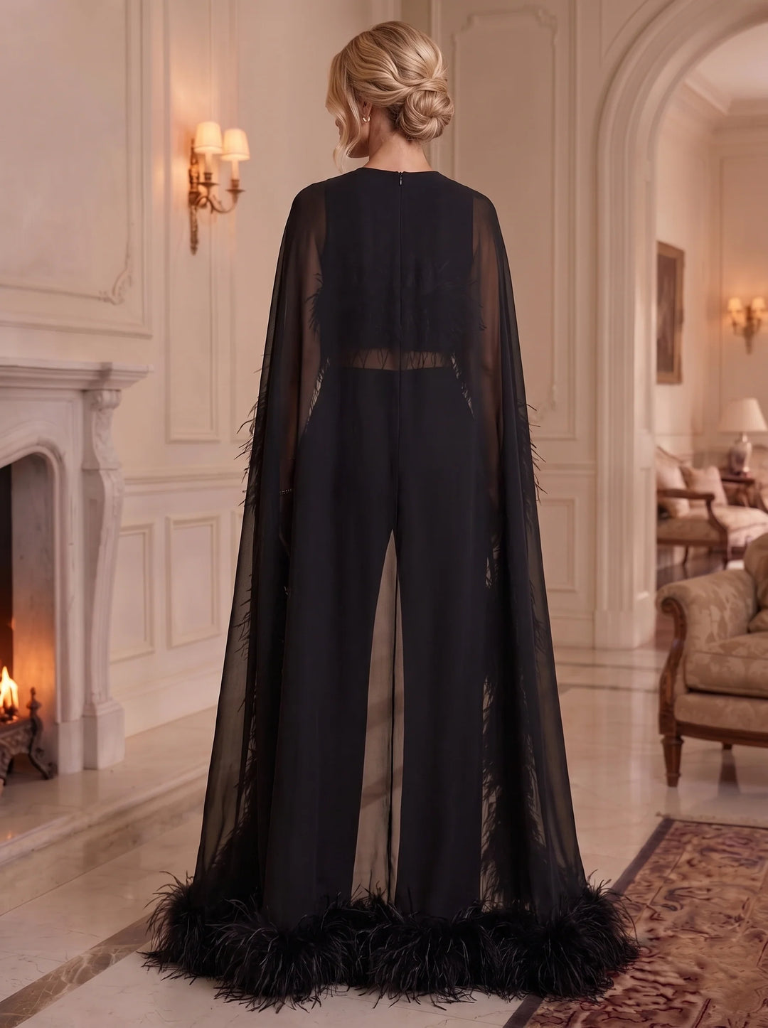 3 Pieces Boat Neck Chiffon Formal Pantsuits with Feathers Cape Sleeves Floor-Length Evening Dresses