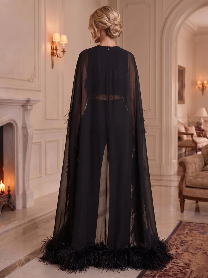3 Pieces Boat Neck Chiffon Formal Pantsuits with Feathers Cape Sleeves Floor-Length Evening Dresses