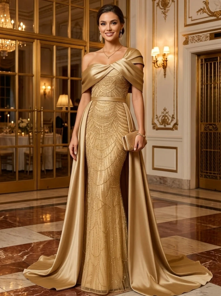Sheath/Column One-Shoulder Satin Evening Dresses with Overskirt Sequins Floor-Length Sleeveless Formal Dresses