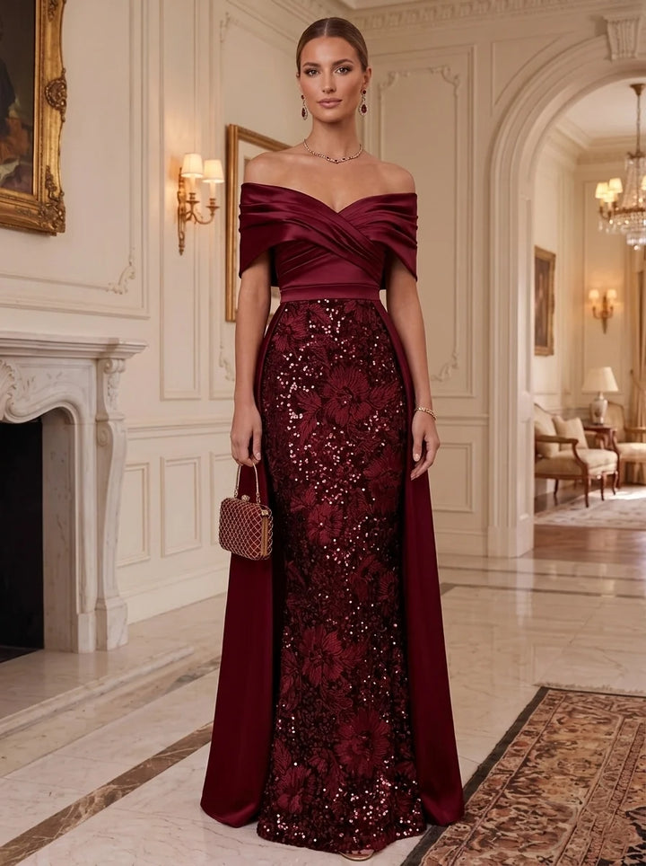 Sheath/Column Off-the-Shoulder Satin Evening Dresses with Overskirt Floral Sequins Floor-Length Ruched Sleeveless Formal Dresses