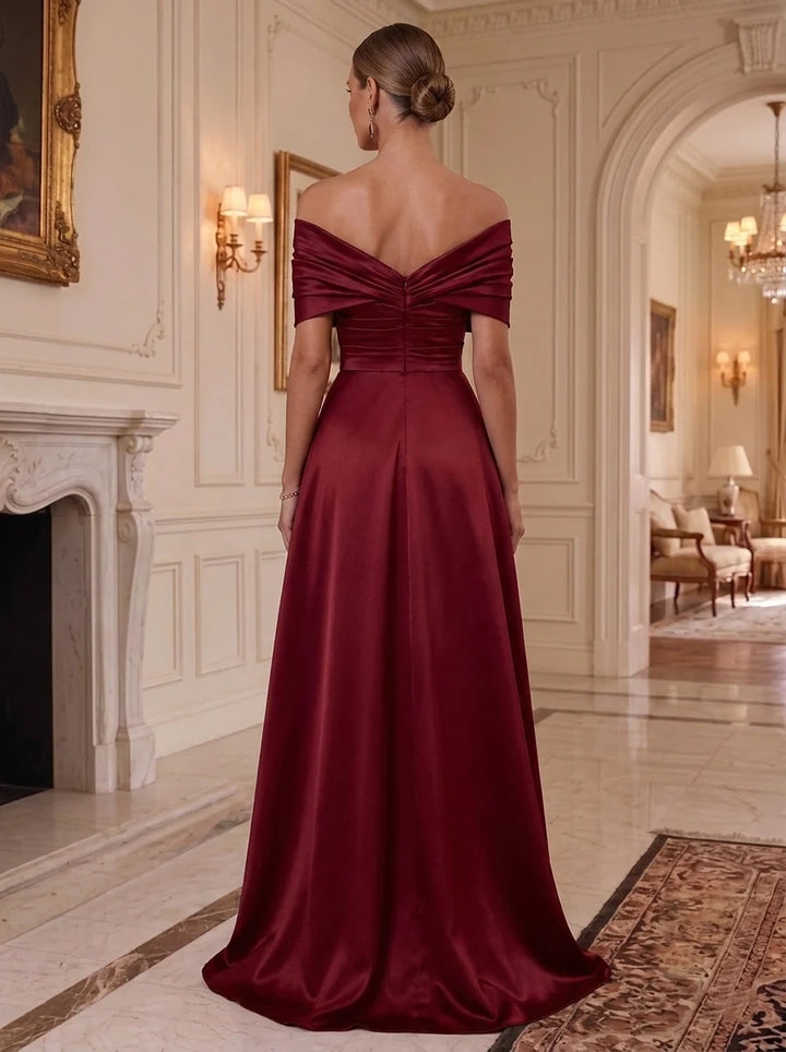 Sheath/Column Off-the-Shoulder Satin Evening Dresses with Overskirt Floral Sequins Floor-Length Ruched Sleeveless Formal Dresses