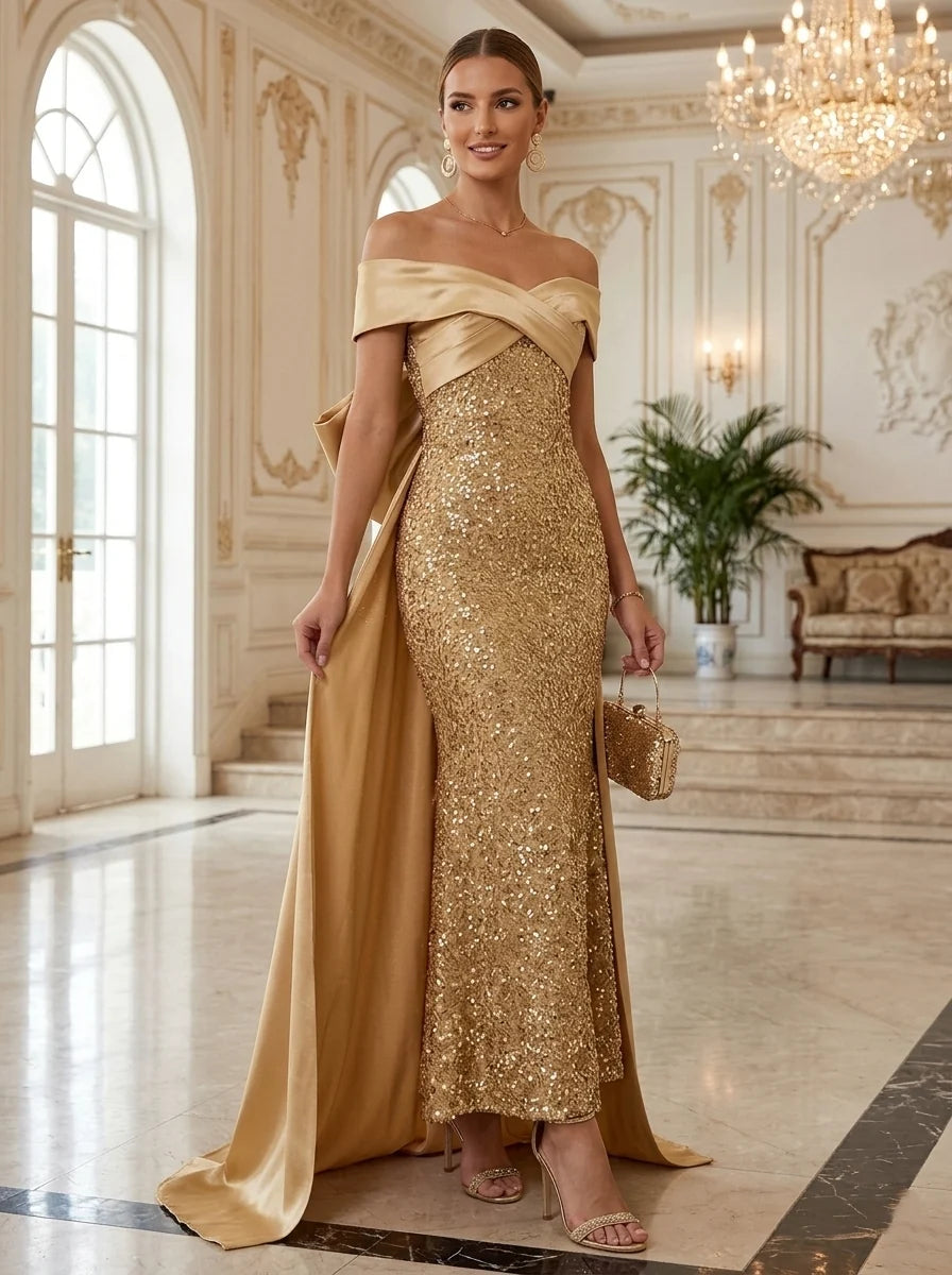 Sheath/Column Off-the-Shoulder Satin Evening Dresses with Watteau Train Sequins Bowknot Ankle-Length Sleeveless Formal Dresses