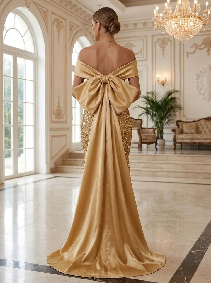 Sheath/Column Off-the-Shoulder Satin Evening Dresses with Watteau Train Sequins Bowknot Ankle-Length Sleeveless Formal Dresses