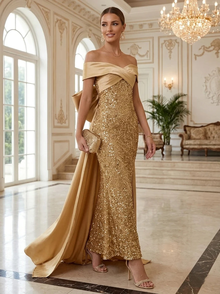 Sheath/Column Off-the-Shoulder Satin Evening Dresses with Watteau Train Sequins Bowknot Ankle-Length Sleeveless Formal Dresses