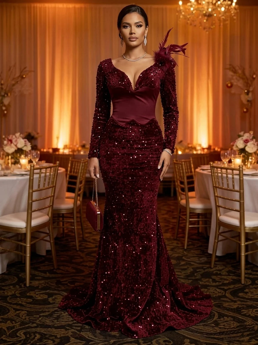 Trumpet/Mermaid V-Neck Velvet Sequins Evening Dresses with Feathers Floor-Length Long Sleeves Formal Dresses