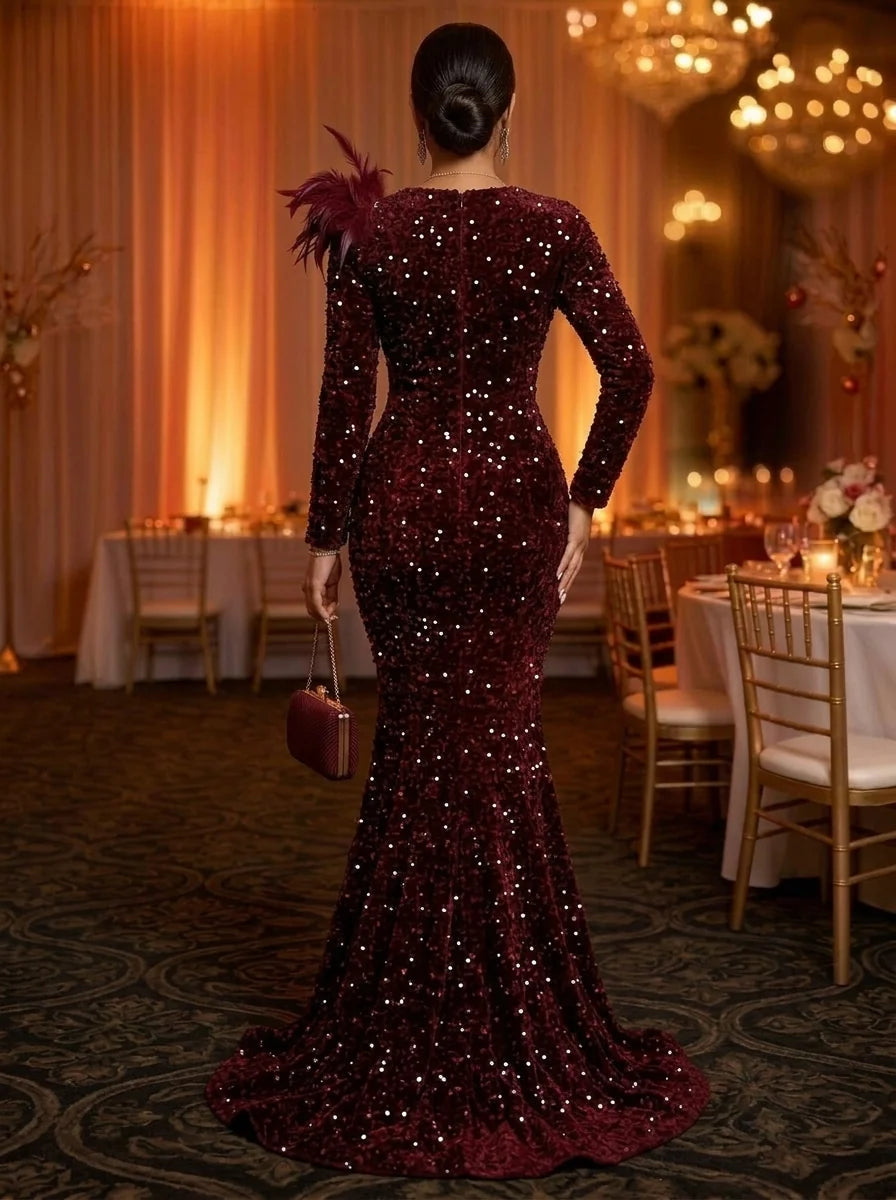 Trumpet/Mermaid V-Neck Velvet Sequins Evening Dresses with Feathers Floor-Length Long Sleeves Formal Dresses