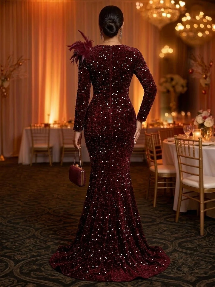 Trumpet/Mermaid V-Neck Velvet Sequins Evening Dresses with Feathers Floor-Length Long Sleeves Formal Dresses