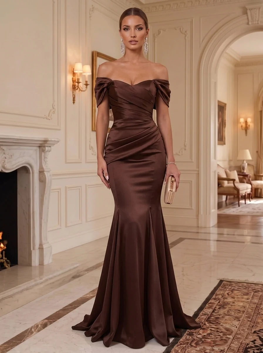 Trumpet/Mermaid Off-the-Shoulder Satin Formal Dresses Ruched Floor-Length Sleeveless Evening Dresses