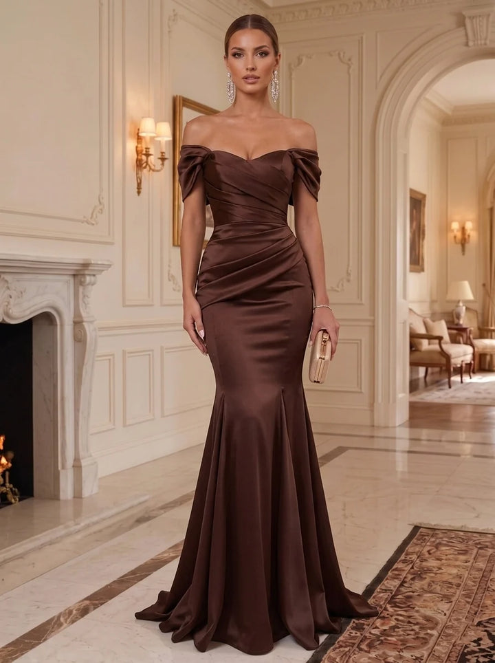 Trumpet/Mermaid Off-the-Shoulder Satin Formal Dresses Ruched Floor-Length Sleeveless Evening Dresses