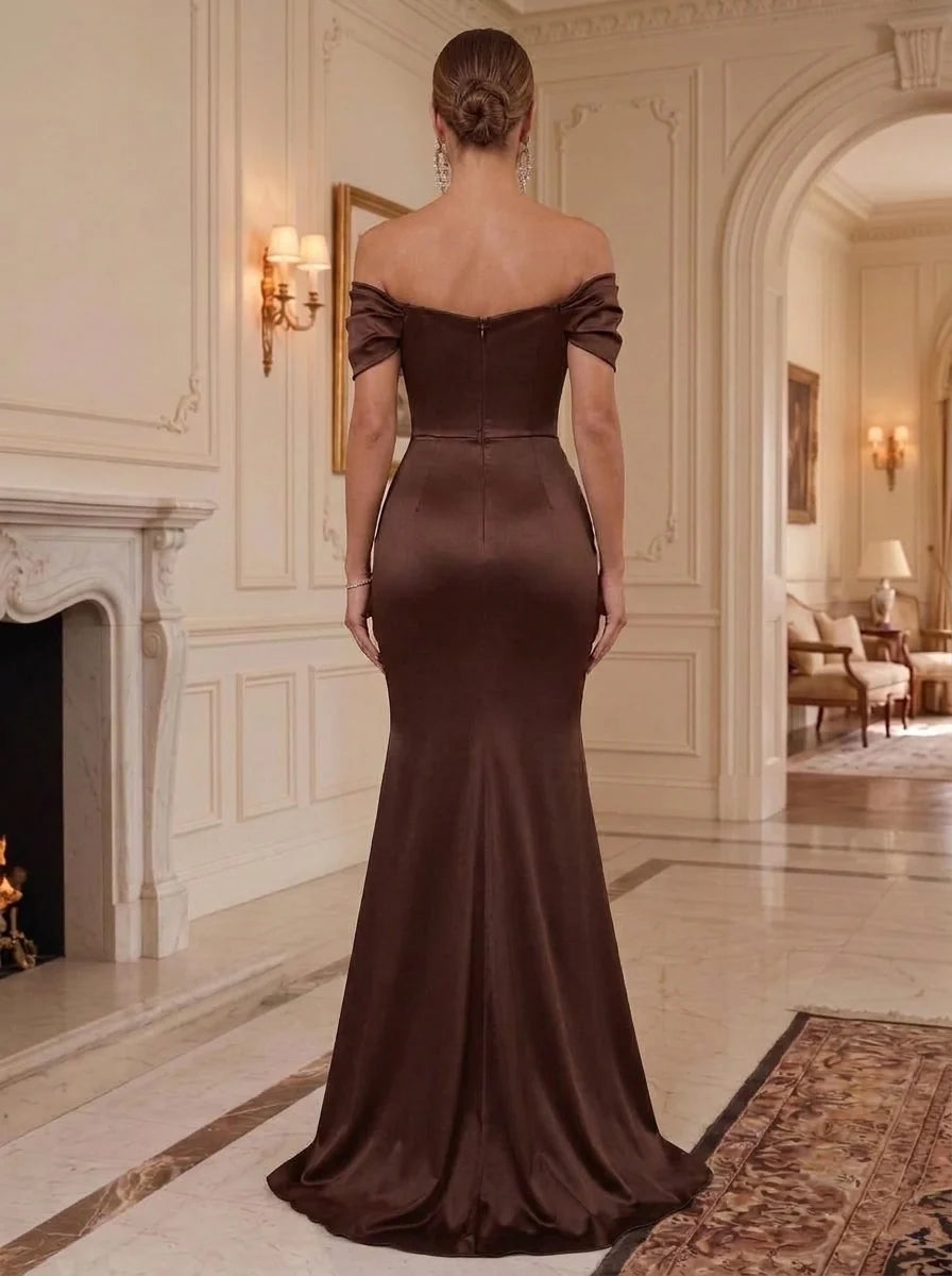 Trumpet/Mermaid Off-the-Shoulder Satin Formal Dresses Ruched Floor-Length Sleeveless Evening Dresses