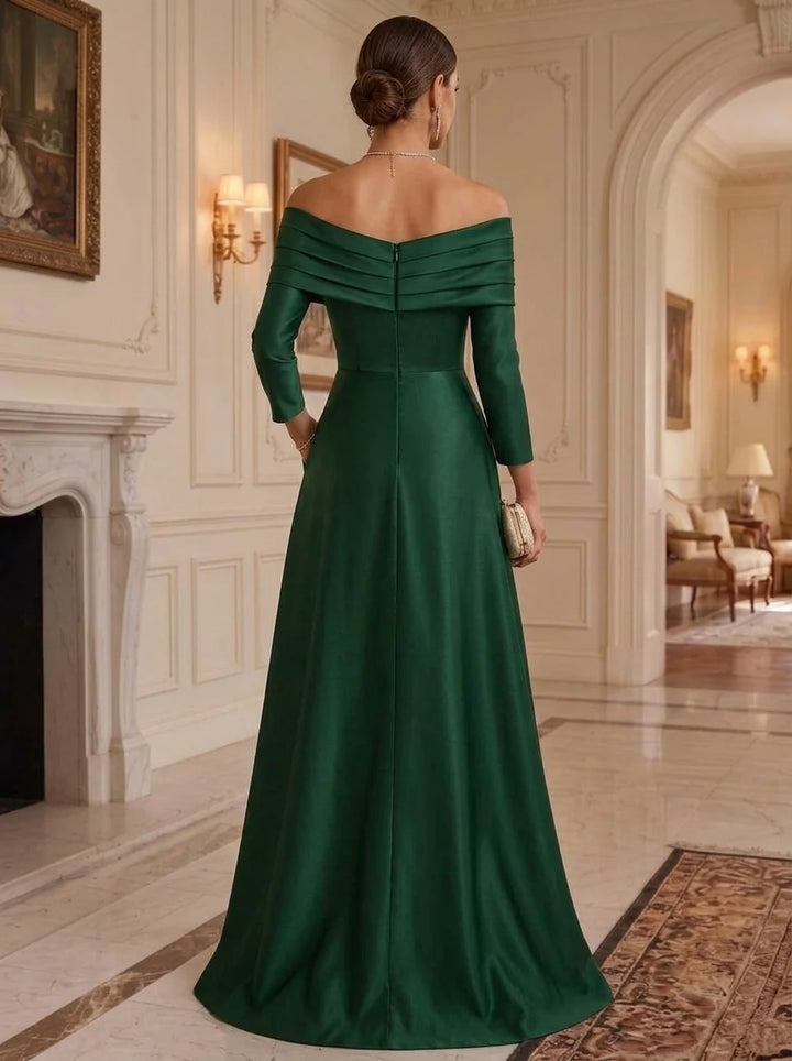 A-Line/Princess Off-the-Shoulder Satin Formal Dresses with Split Side Ruched Floor-Length 3/4 Sleeves Evening Dresses