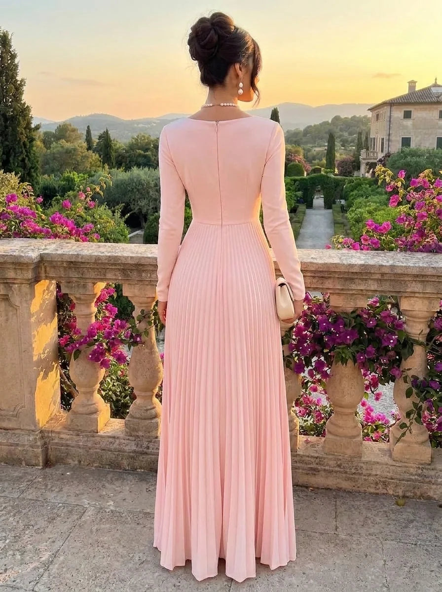 A-Line/Princess Square Collar Chiffon Formal Dresses Floor-Length Long Sleeves Pleated Evening Dresses