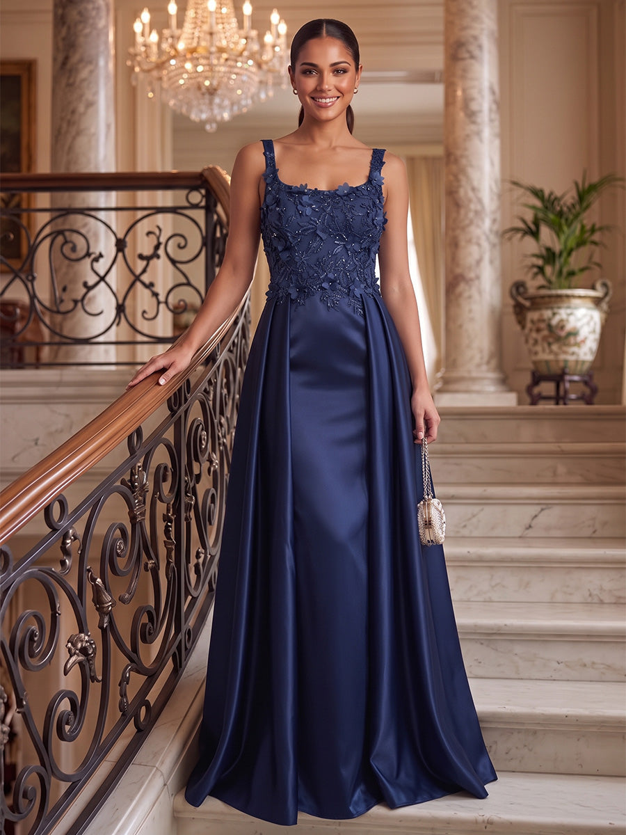 A-Line/Princess Square Collar Satin Evening Dresses with Overskirt Floor-Length Sleeveless Floral Sequins Formal Dresses