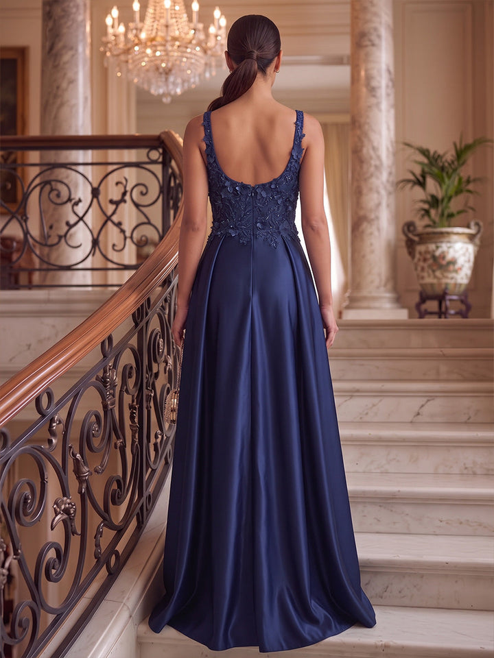 A-Line/Princess Square Collar Satin Evening Dresses with Overskirt Floor-Length Sleeveless Floral Sequins Formal Dresses