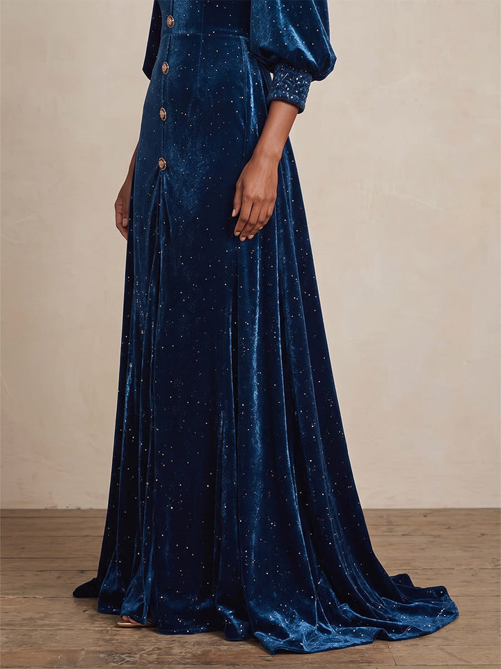 A-Line/Princess Square Collar Velvet Evening Dresses with Overskirt Floor-Length 3/4 Sleeves Formal Dresses