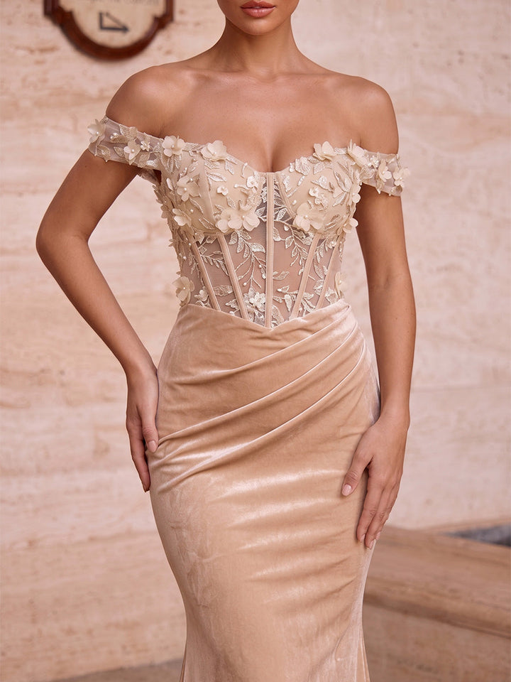 Trumpet/Mermaid Off-the-Shoulder Velvet Evening Dresses Floral Floor-Length Sleeveless Formal Dresses