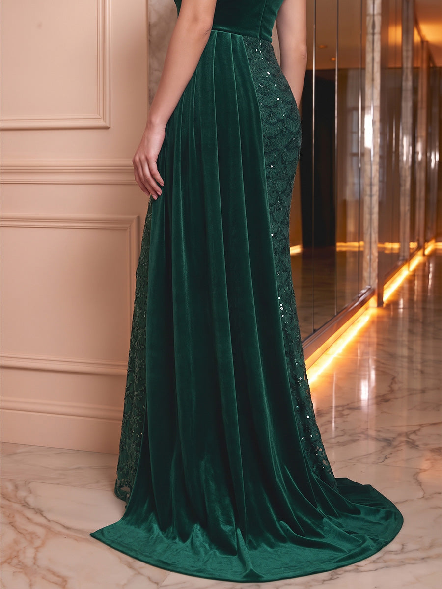 Trumpet/Mermaid Off-the-Shoulder Velvet Evening Dresses Sequins Floor-Length Sleeveless Formal Dresses