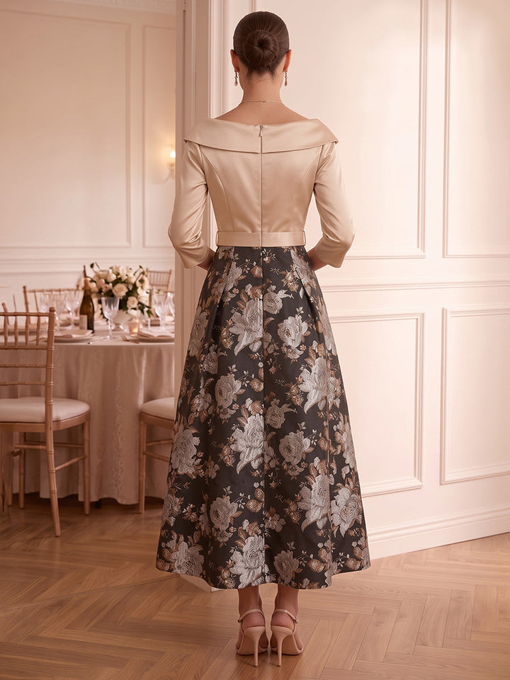 A-Line/Princess V-Neck Printed Satin Cocktail Dresses 3/4 Sleeves Tea-Length Floral Party Dresses