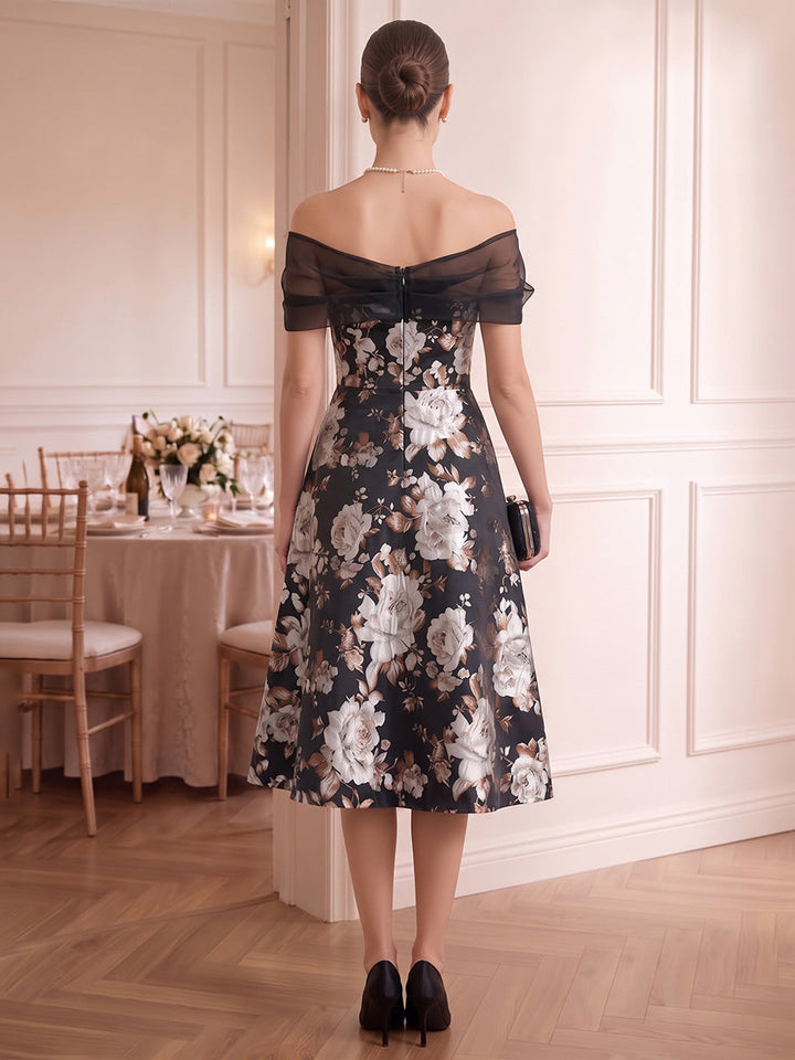 A-Line/Princess Off-the-Shoulder Printed Satin Cocktail Dresses Sleeveless Bowknot Tea-Length Floral Party Dresses