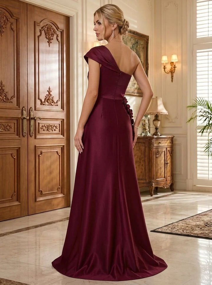A-Line/Princess One-Shoulder Satin Evening Dresses with Overskirt 3D Flowers Floor-Length Sleeveless Formal Dresses
