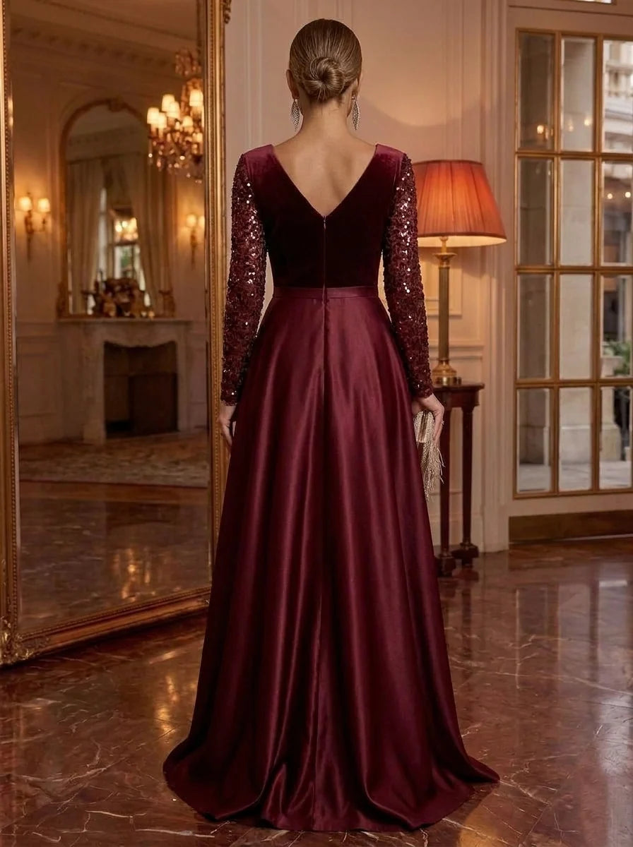 A-Line/Princess V-Neck Satin Evening Dresses Velvet Floor-Length Sequins Long Sleeves Formal Dresses