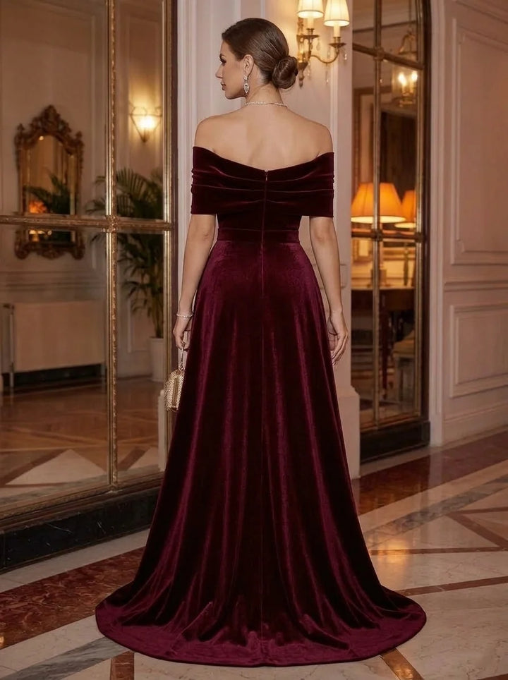 A-Line/Princess Off-the-Shoulder Velvet Evening Dresses with Overskirt Floor-Length Sequins Sleeveless Formal Dresses
