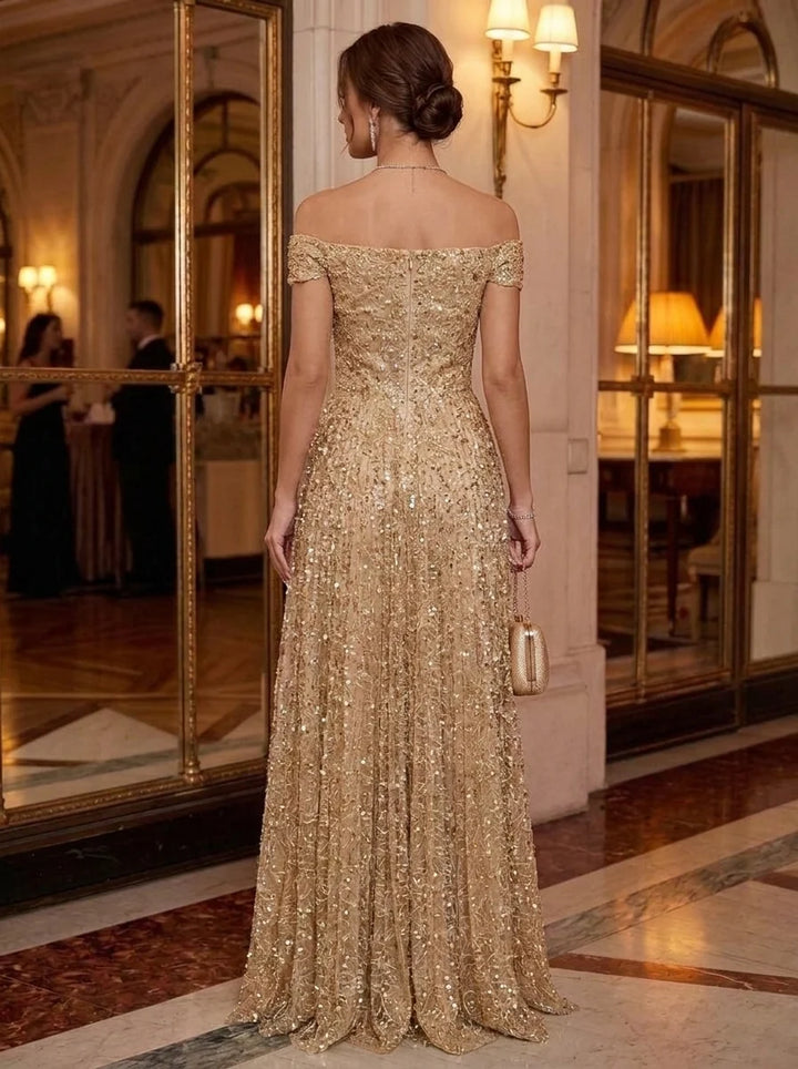A-Line/Princess Off-the-Shoulder Sequins Evening Dresses Pleated Floor-Length Sleeveless Formal Dresses