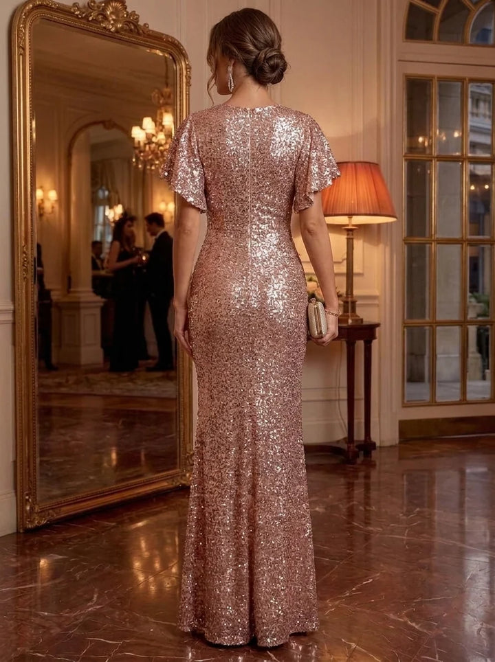 Sheath/Column Scoop Sequins Evening Dresses Floor-Length Short Sleeves Formal Dresses