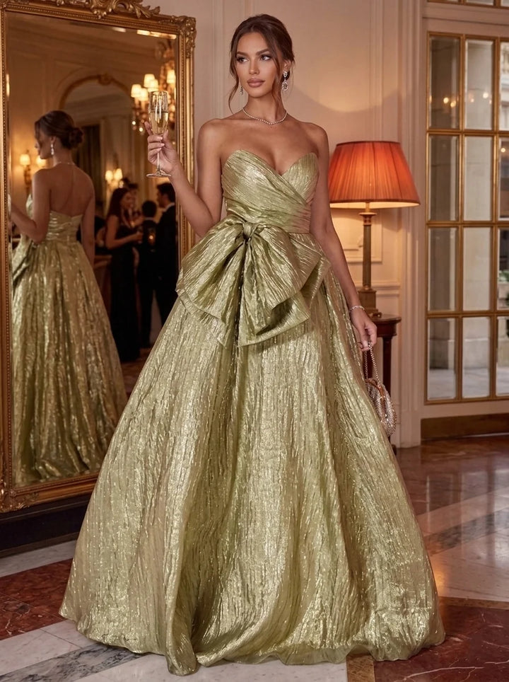 A-Line/Princess Strapless Metallic Evening Dresses with Bowknot Floor-Length Sleeveless Formal Dresses