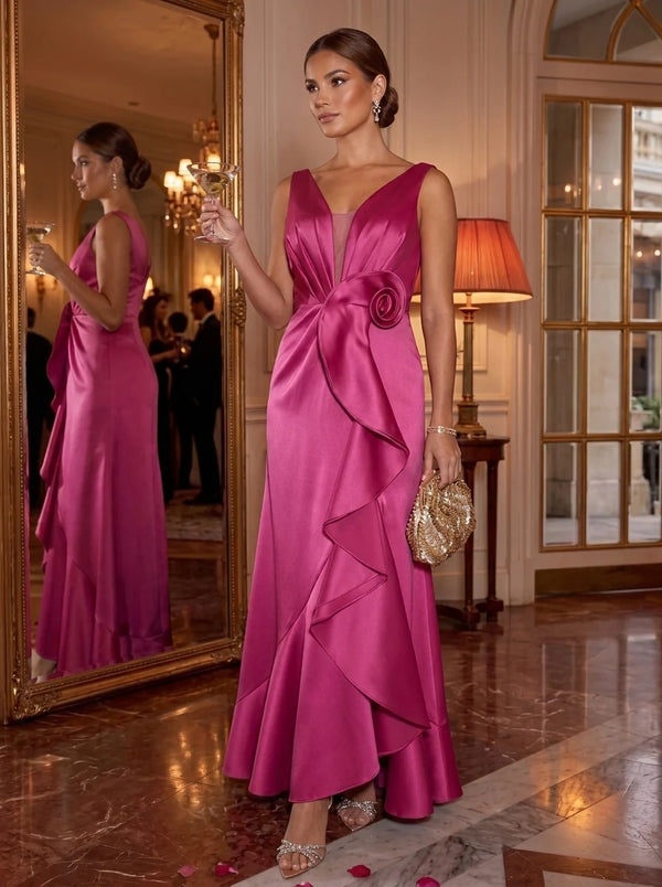 A-Line/Princess V-Neck Satin Cocktail Dresses with 3D Flowers Sleeveless Ruffles Floor-Length Party Dresses