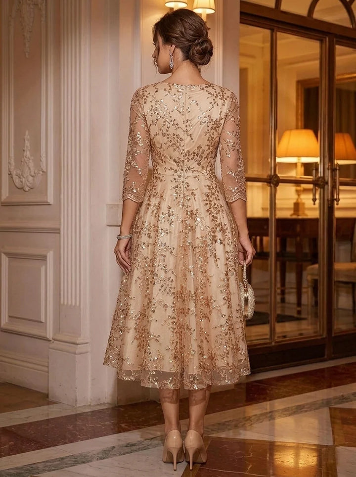 A-Line/Princess V-Neck Lace Sequins Cocktail Dresses 3/4 Sleeves Tea-Length Party Dresses