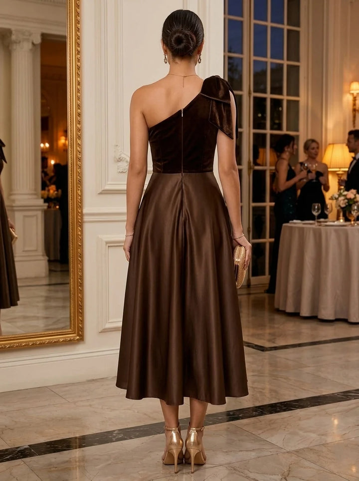 A-Line/Princess One-Shoulder Satin Cocktail Dresses Velvet Sleeveless Bowknot Tea-Length Party Dresses