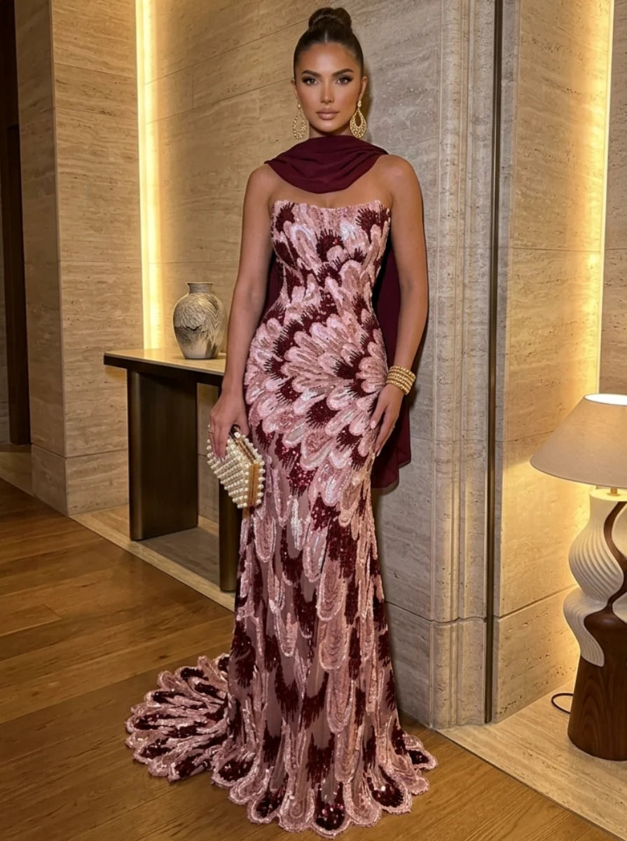 Trumpet/Mermaid Strapless Beaded Evening Dresses with Scarf Floor-Length Sleeveless Formal Dresses