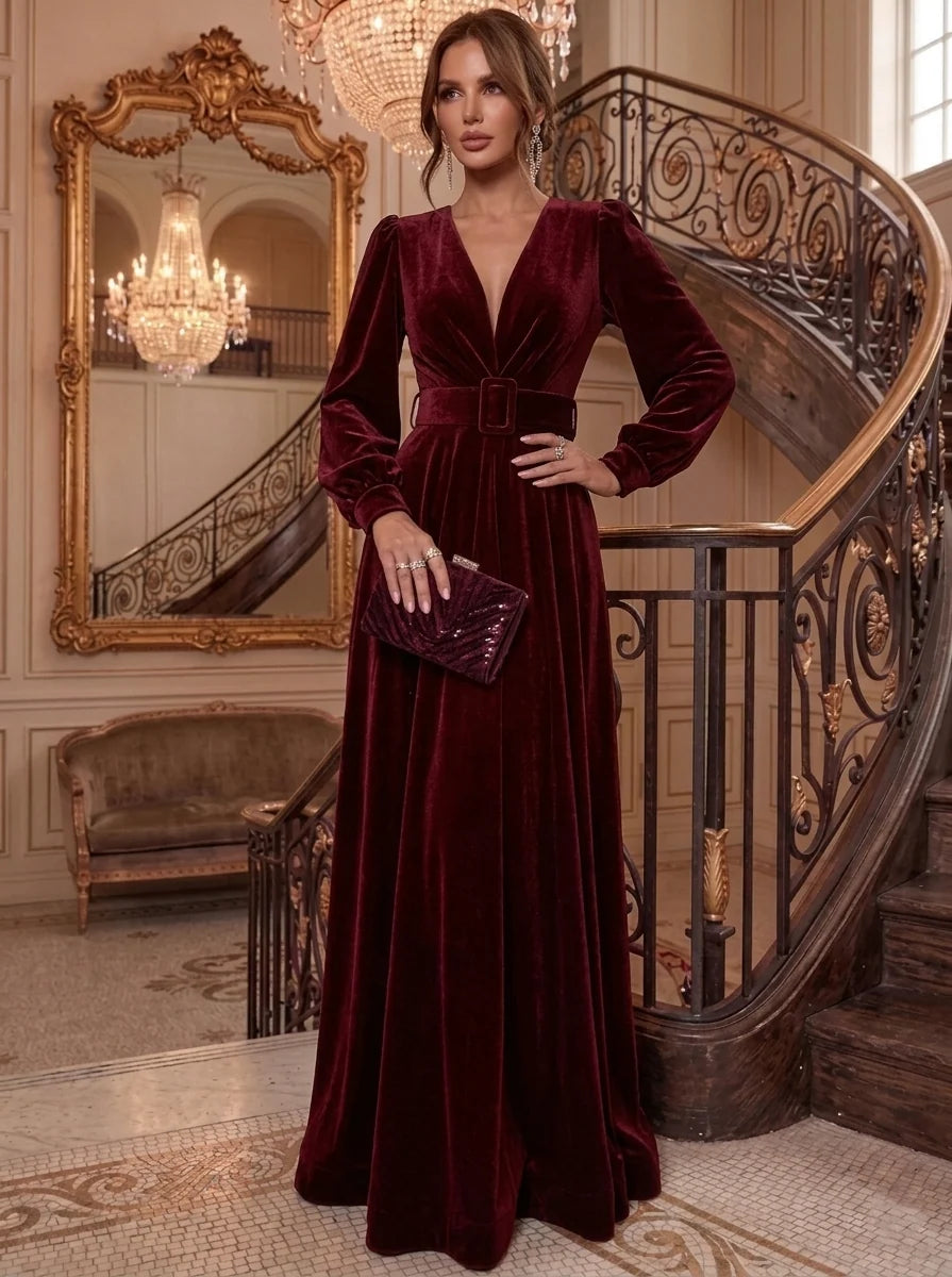 A-Line/Princess V-Neck Velvet Evening Dresses Floor-Length Long Sleeves Belt Formal Dresses