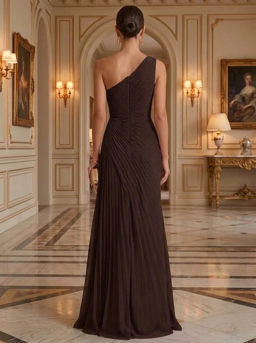 A-Line/Princess Chiffon One-Shoulder Evening Dresses Floor-Length Sleeveless Ruched Formal Dresses