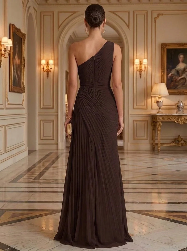 A-Line/Princess Chiffon One-Shoulder Evening Dresses Floor-Length Sleeveless Ruched Formal Dresses