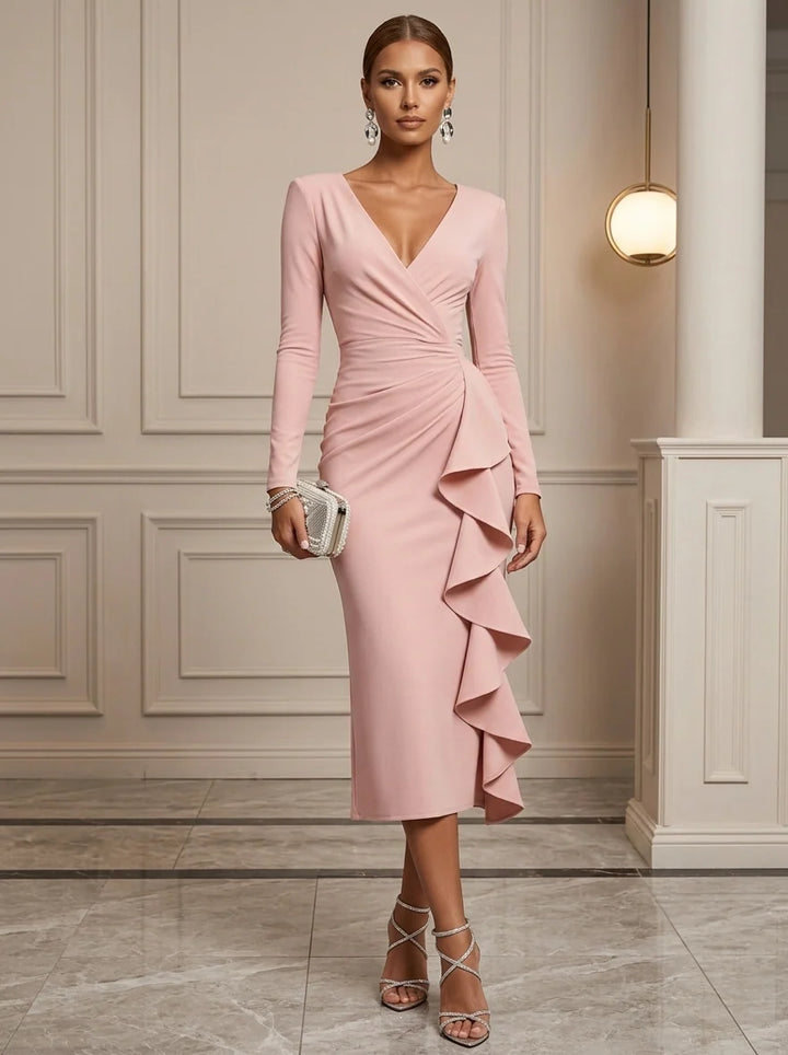 Sheath/Column V-Neck Stretch Satin Cocktail Dresses Long Sleeves Tea-Length Ruffles Party Dresses