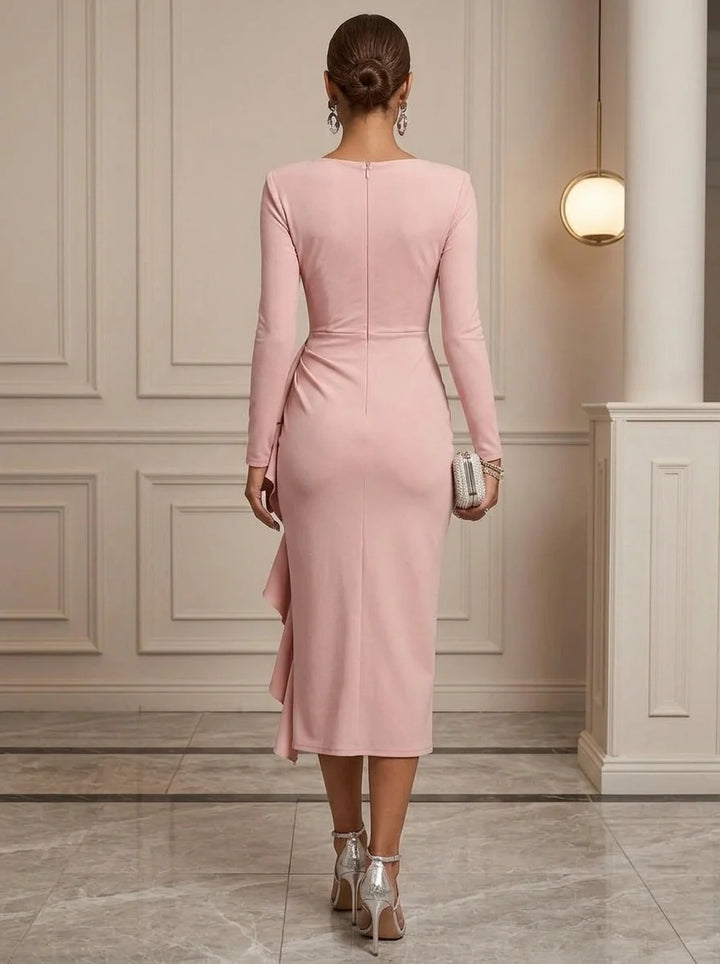 Sheath/Column V-Neck Stretch Satin Cocktail Dresses Long Sleeves Tea-Length Ruffles Party Dresses
