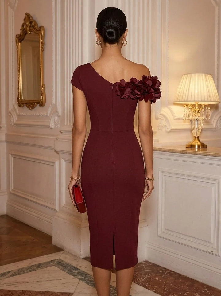 Sheath/Column One-Shoulder Stretch Satin Cocktail Dresses with 3D Flowers Sleeveless Tea-Length Party Dresses
