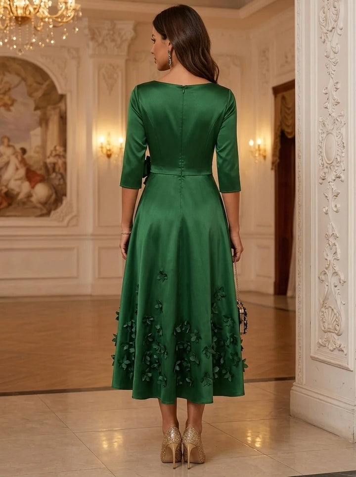 A-Line/Princess V-Neck Satin Cocktail Dresses with 3D Flowers 3/4 Sleeves Tea-Length Party Dresses