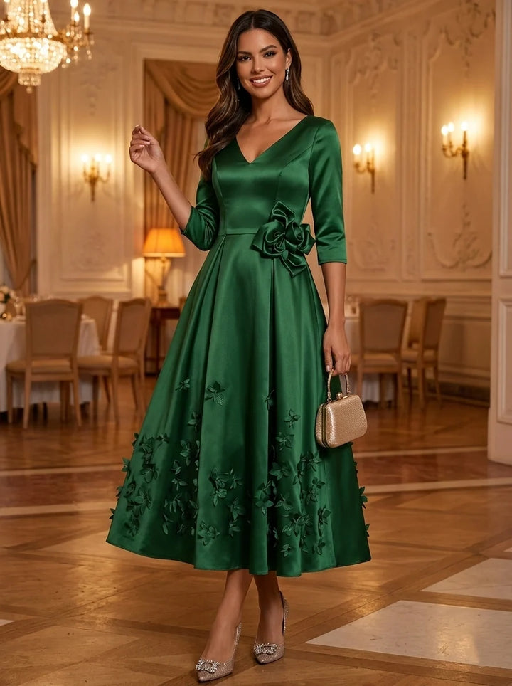 A-Line/Princess V-Neck Satin Cocktail Dresses with 3D Flowers 3/4 Sleeves Tea-Length Party Dresses
