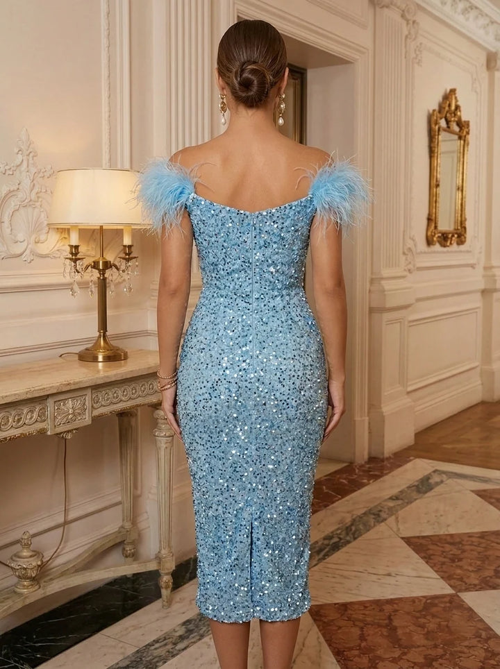 Sheath/Column Off-the-Shoulder Sequins Cocktail Dresses With Feathers Sleeveless Tea-Length Party Dresses